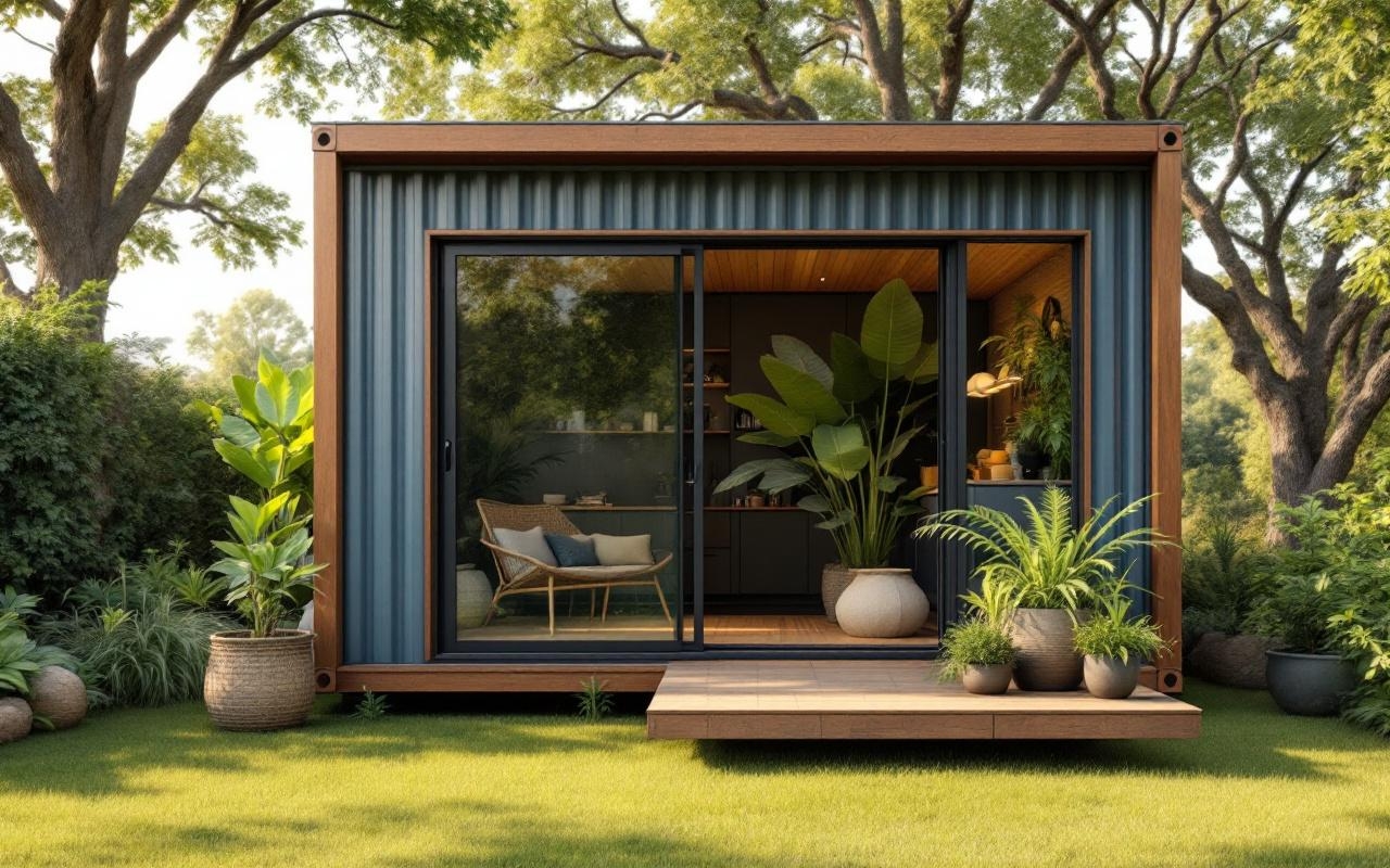 bureau-amenage-dans-un-container-moderne-avec-une-grande-porte-vitree-donnant-sur-un-jardin-verdoyant-pelouse-entretenue-et-pots-de-plantes-facades-en-metal-avec-accents-de-bois-lumiere-douce