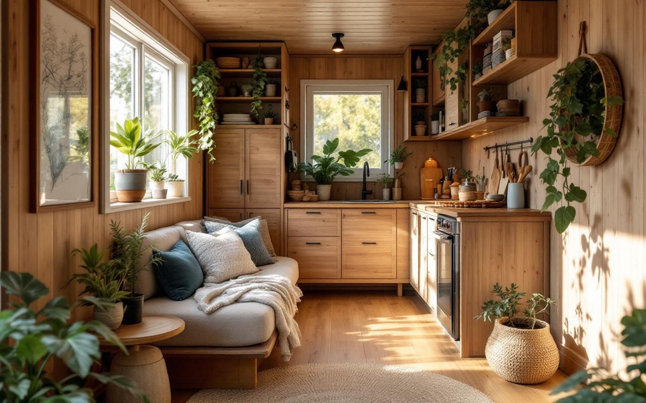 Intérieur chaleureux d'un studio container aux finitions en bois, espace ouvert et compact avec étagères intégrées, sol en bois, petite kitchenette, canapé bas avec coussins texturés, tissus tissés et plantes en pot, grande fenêtre donnant sur un petit jardin, lumière naturelle douce du matin créant une atmosphère intime, tons dominants de bois chaud avec touches de vert et de bleu pâle.