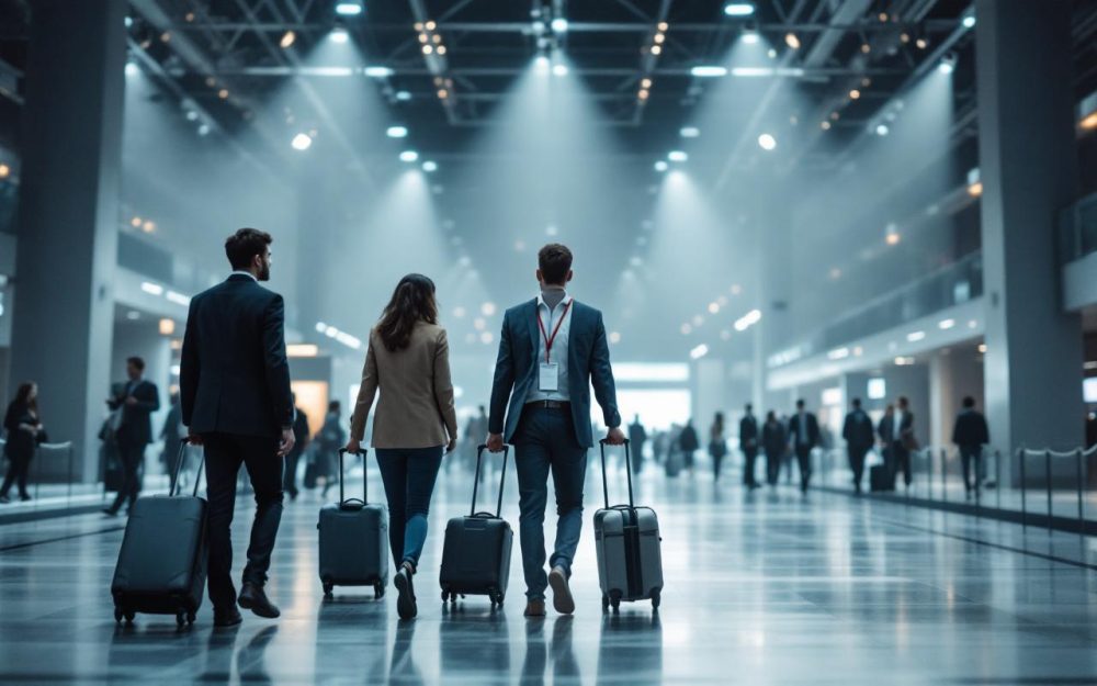 Une équipe commerciale marche dans un hall de salon professionnel vide, tenant des bagages à roulettes et des badges avec tour de cou, ambiance sobre et réaliste.