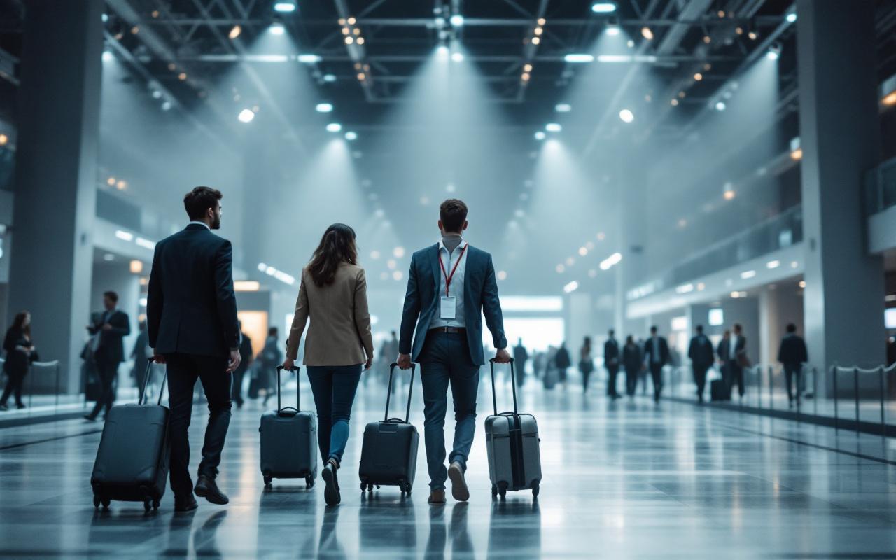 Une équipe commerciale marche dans un hall de salon professionnel vide, tenant des bagages à roulettes et des badges avec tour de cou, ambiance sobre et réaliste.