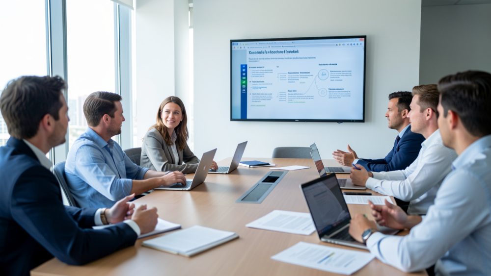Réunion d’équipe dans un bureau moderne : une femme présente des informations sur un écran mural, pendant que plusieurs collègues consultent des ordinateurs et des documents, avec une ambiance lumineuse et professionnelle.