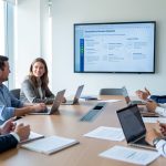 Réunion d’équipe dans un bureau moderne : une femme présente des informations sur un écran mural, pendant que plusieurs collègues consultent des ordinateurs et des documents, avec une ambiance lumineuse et professionnelle.