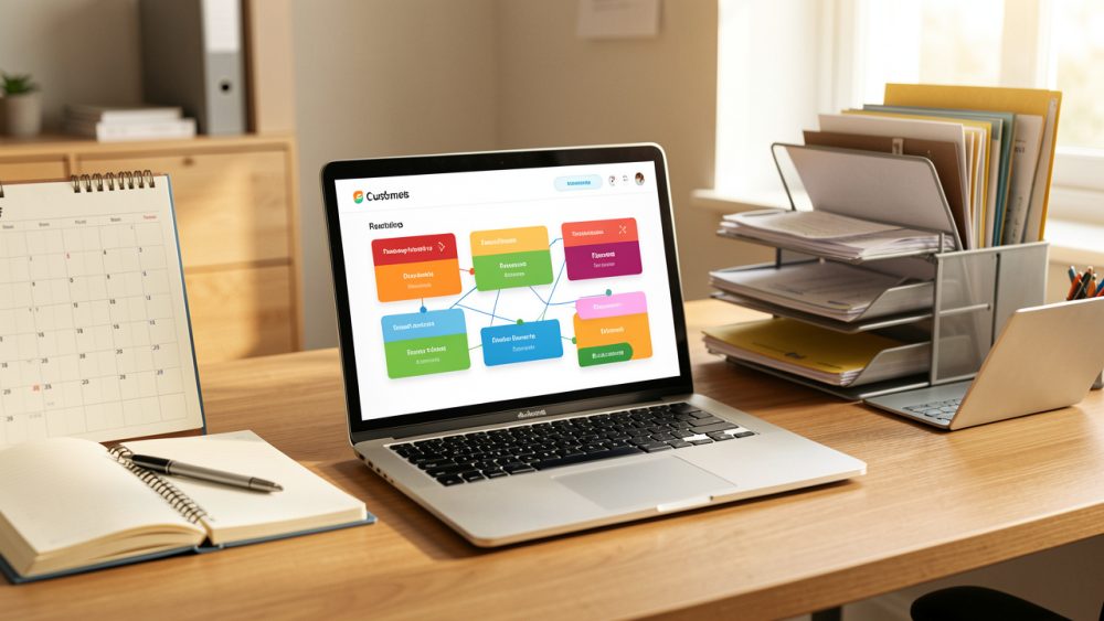 Bureau de petite entreprise avec un ordinateur affichant un tableau de suivi visuel abstrait, accompagné de dossiers et d’un carnet organisés.