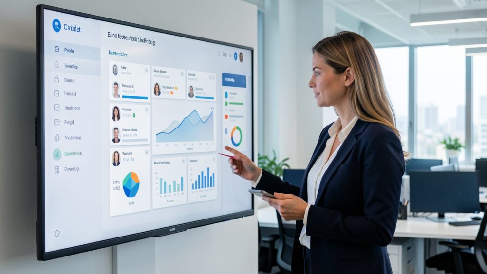 Une recruteuse examine un tableau de bord de gouvernance de l’intelligence artificielle présentant des candidatures anonymisées dans un bureau professionnel.