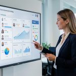 Une recruteuse examine un tableau de bord de gouvernance de l’intelligence artificielle présentant des candidatures anonymisées dans un bureau professionnel.