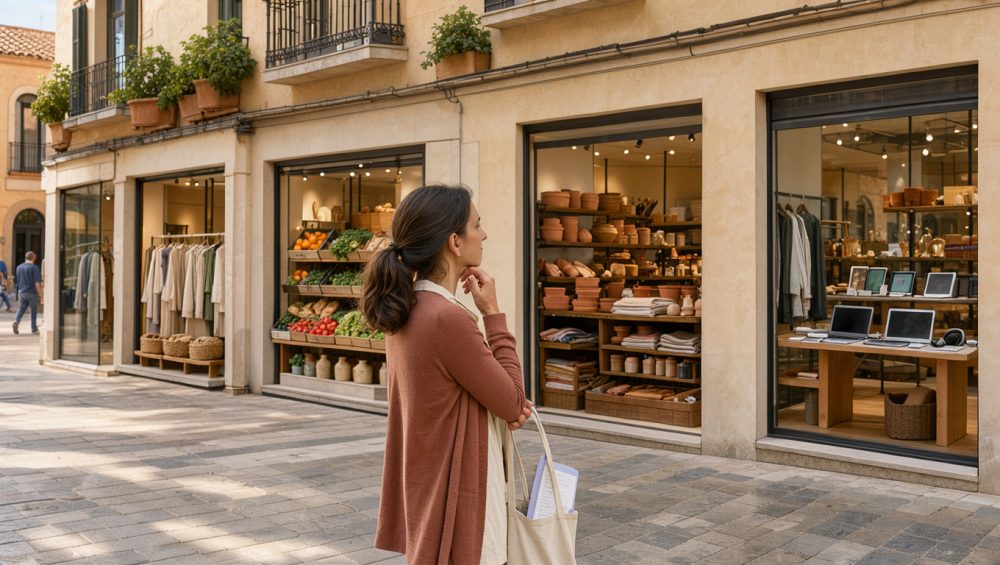 Une femme compare plusieurs commerces espagnols sans logo, représentant la mode, l’alimentation, la maison et la technologie dans une rue piétonne lumineuse.
