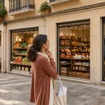 Une femme compare plusieurs commerces espagnols sans logo, représentant la mode, l’alimentation, la maison et la technologie dans une rue piétonne lumineuse.