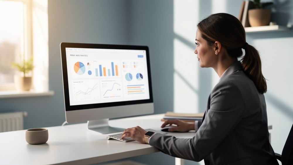 Une dirigeante de petite entreprise analyse une campagne publicitaire sur un ordinateur dans un bureau professionnel lumineux, avec des graphiques sobres visibles à l’écran.