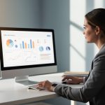 Une dirigeante de petite entreprise analyse une campagne publicitaire sur un ordinateur dans un bureau professionnel lumineux, avec des graphiques sobres visibles à l’écran.