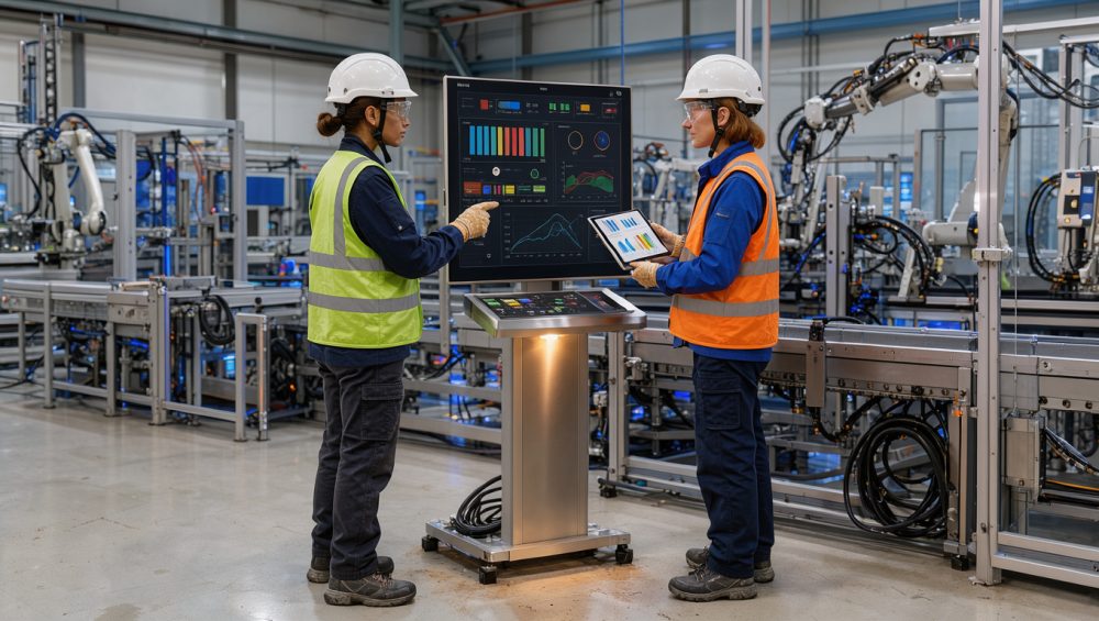 Deux femmes professionnelles analysent ensemble un tableau de bord visuel devant une ligne de production automatisée moderne.