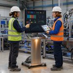 Deux femmes professionnelles analysent ensemble un tableau de bord visuel devant une ligne de production automatisée moderne.