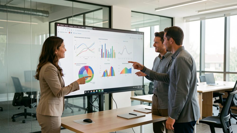 Deux femmes et deux hommes réunis autour d’un grand écran présentant des graphiques abstraits et des éléments visuels colorés dans un bureau moderne.
