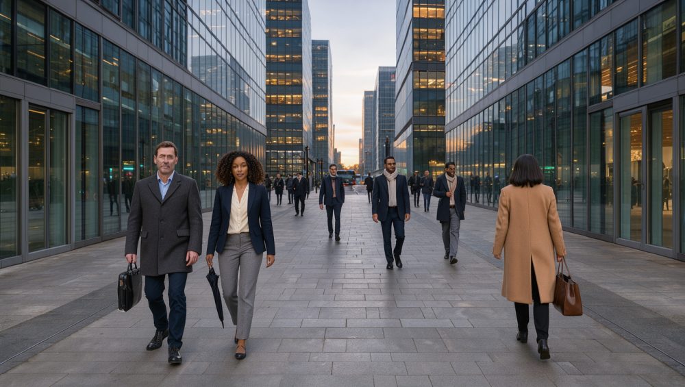 Quartier d’affaires londonien au petit matin, avec des salariés marchant entre des immeubles modernes en verre et en acier dans une atmosphère sobre et réaliste.