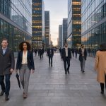 Quartier d’affaires londonien au petit matin, avec des salariés marchant entre des immeubles modernes en verre et en acier dans une atmosphère sobre et réaliste.