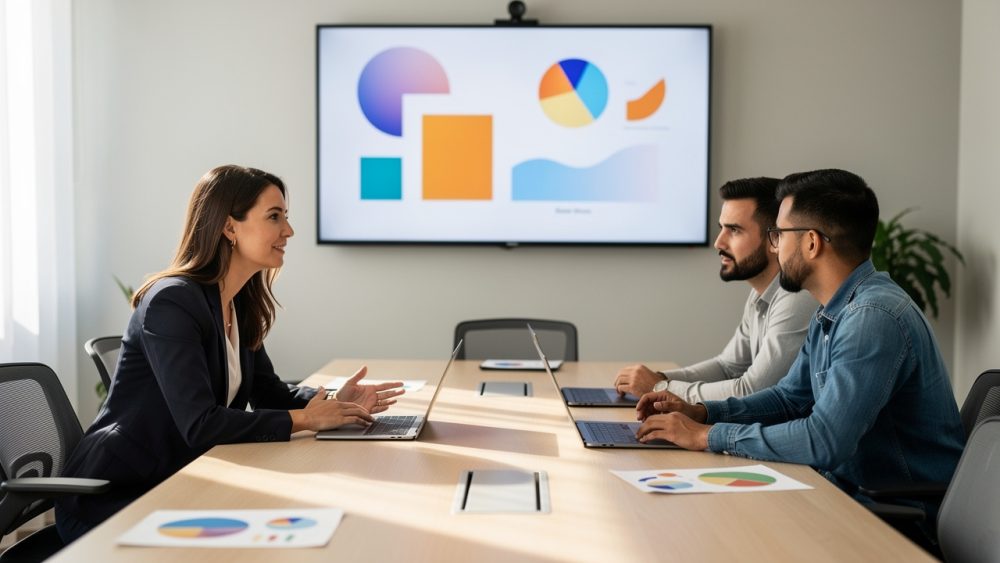 Réunion de direction dans une PME française, avec trois cadres autour d’une table et une présentation graphique abstraite affichée sur un écran.
