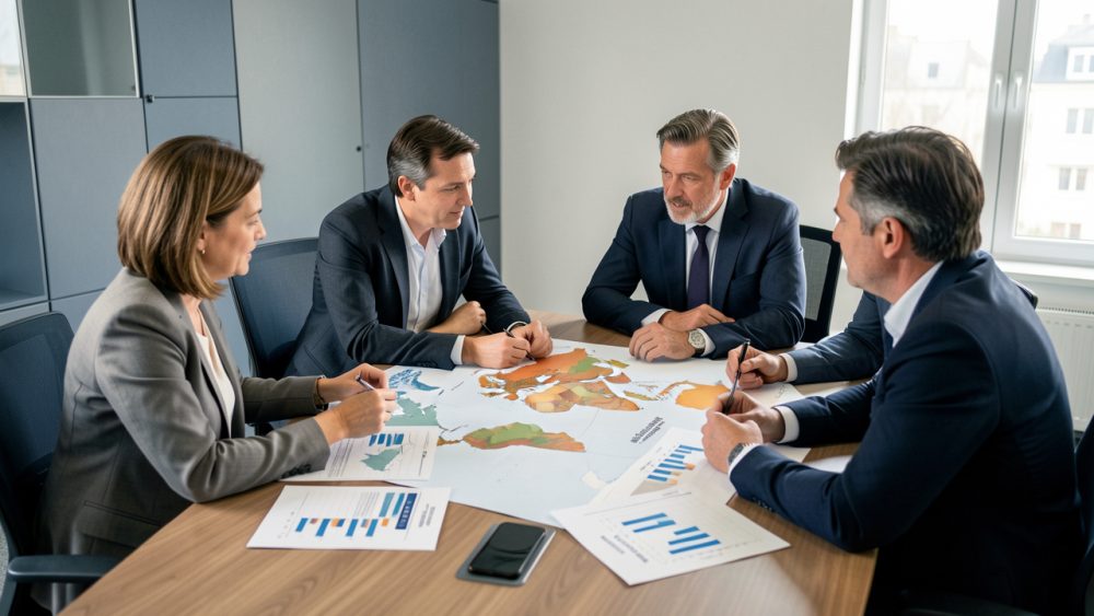 Réunion réaliste de dirigeants et dirigeantes de PME autour d’une table, analysant une carte du monde et un plan de développement export dans un bureau sobre.
