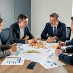 Réunion réaliste de dirigeants et dirigeantes de PME autour d’une table, analysant une carte du monde et un plan de développement export dans un bureau sobre.