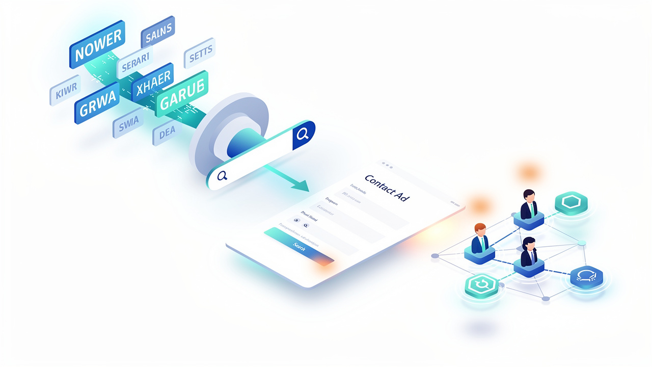 Illustration éditoriale représentant un tunnel d’acquisition numérique B2B, avec des symboles de recherche, une interface publicitaire, un formulaire épuré et des prospects qualifiés reliés à des indicateurs d’analyse.